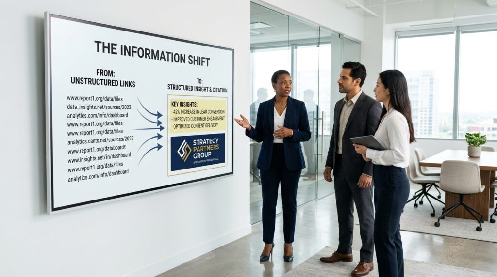 Business team reviewing an infographic showing search engine links transforming into a single direct AI citation.