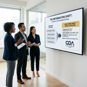 Marketing professionals collaborating on an Answer Engine Optimization strategy in a bright boardroom.