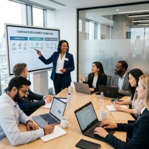 A professional business instructor presenting a multi-layer staff training framework on a digital whiteboard.
