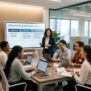 AI Training Curriculum - Office employees collaborating with laptops during a role-specific corporate upskilling workshop.