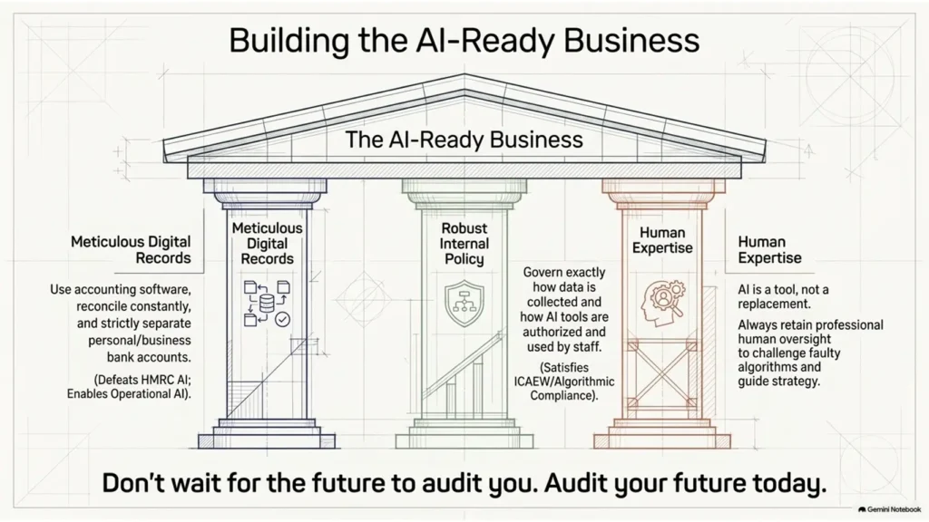 Diagram showing the three pillars of an AI-ready business: meticulous digital records, robust AI governance policies and human expertise supporting successful AI adoption.