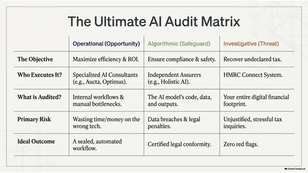Comparison table showing operational, governance and investigative AI audits, explaining their objectives, risks and benefits for UK businesses.